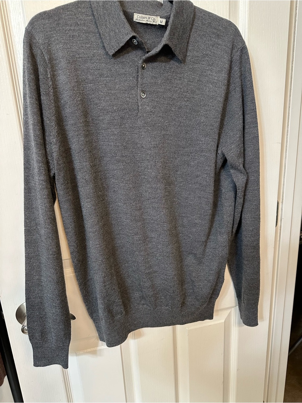 Australian Merino wool 
Men's Gray Long-Sleeve Polo Sweater